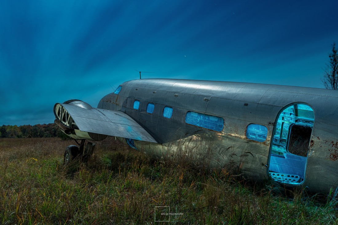 Night photography, abandoned plane, rural Kansas.