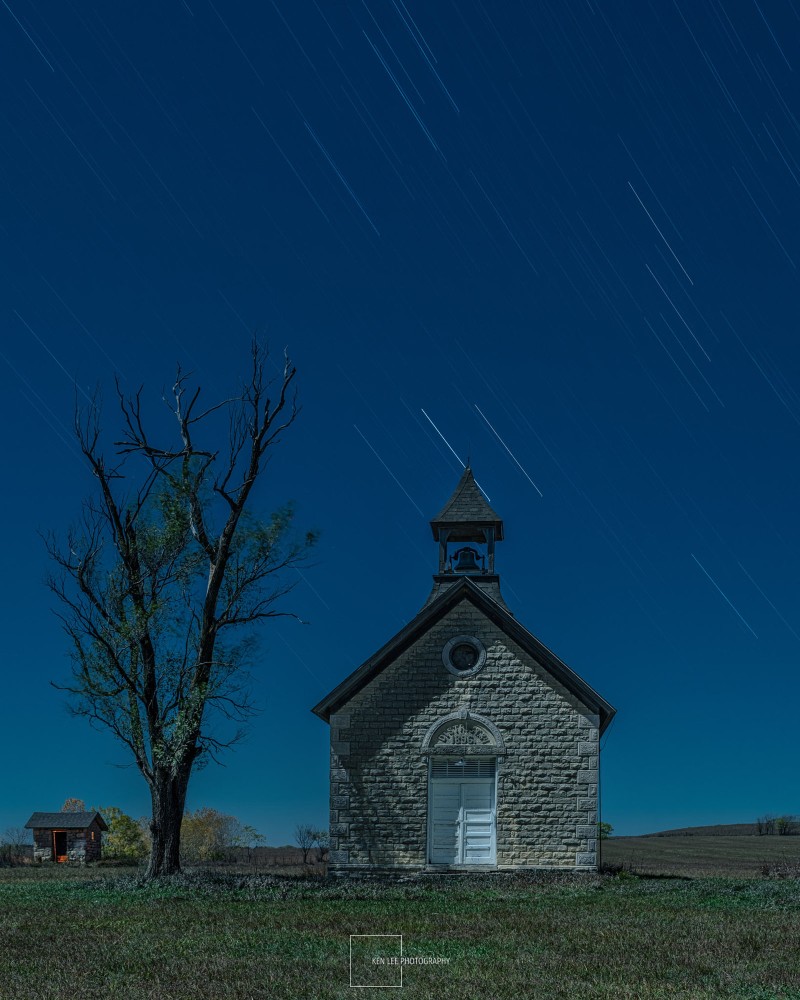 Night photography, abandoned schoolhouse, rural Kansas.