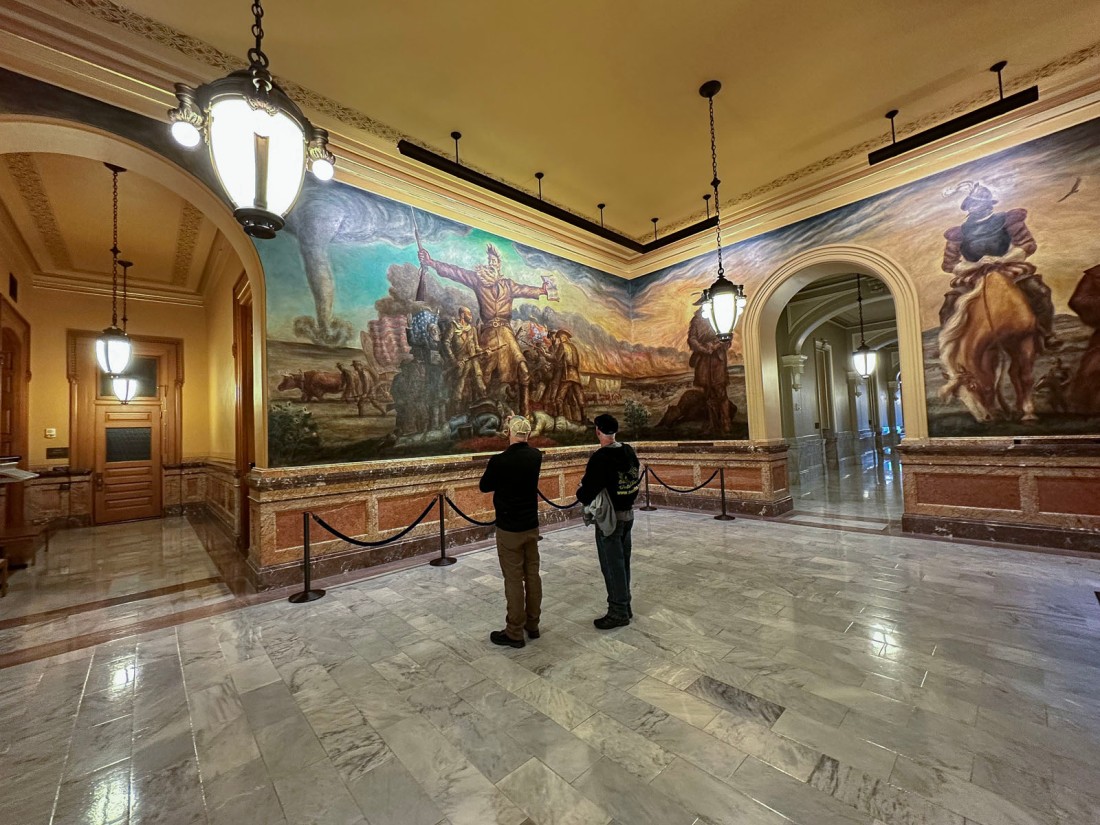 John Brown mural, Capitol Building, Topeka, Kansas, with Nightaxians Tim Little and Mike Cooper looking on.