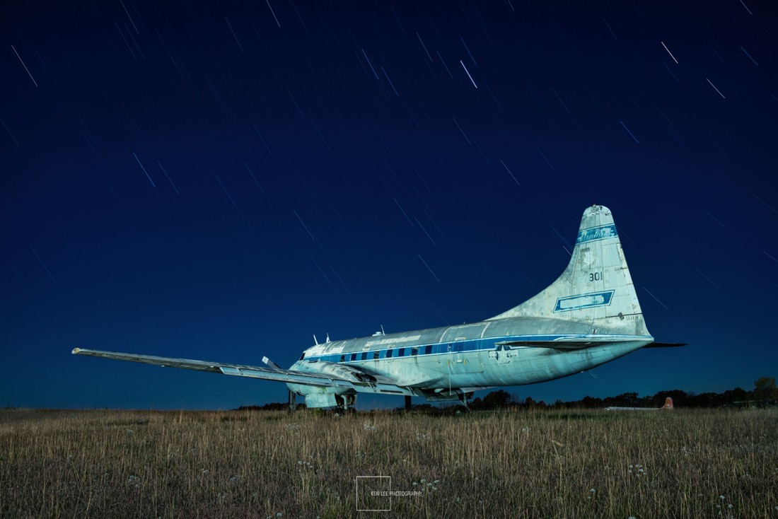 Night photography, abandoned plane, rural Kansas.