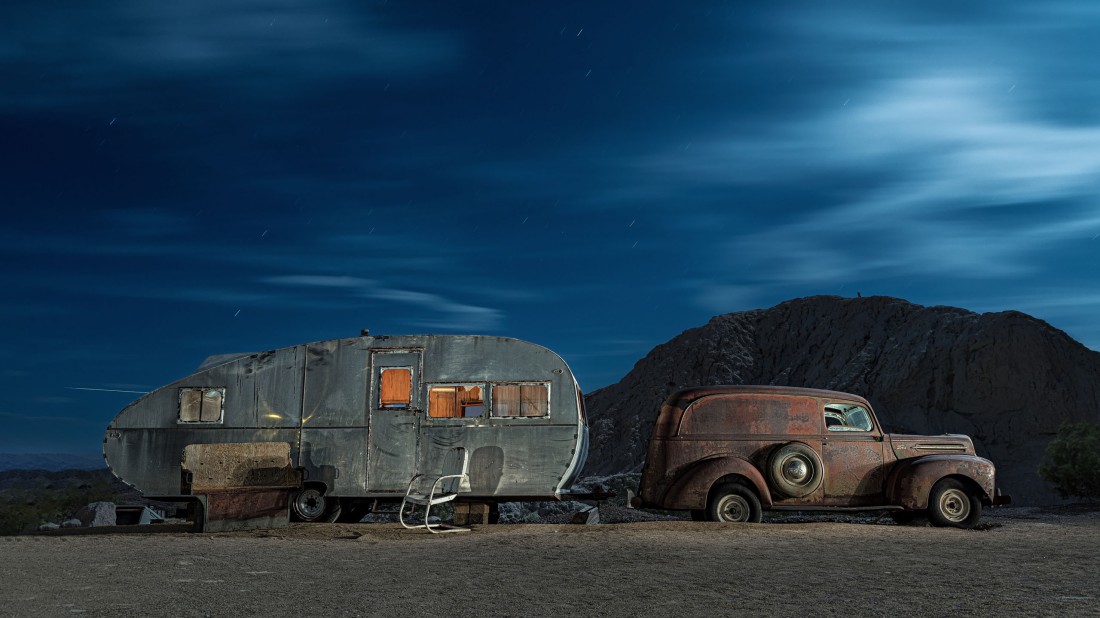 Night photo with handheld light painting during the exposure, Nelson Ghost Town, NV.